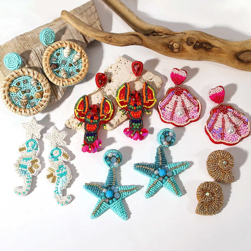 AENSOA Boucles d'oreilles pendantes bohèmes en forme d'étoile de mer, de homard et de conque avec perles pour femme, fabriquées à la main, bijoux d'été sur le thème des animaux marins