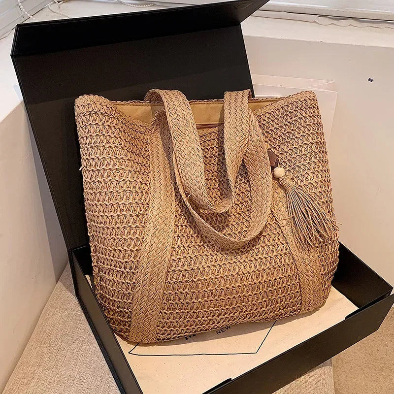 Sac à main élégant en paille tissée pour femme - Sac fourre-tout décontracté pour les vacances à la plage, les trajets quotidiens - Sacs à main rétro à bandoulière tendance 2024