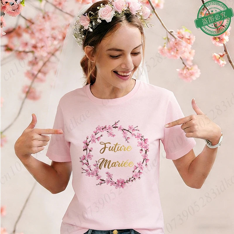 T-shirts assortis pour la future mariée et sa Team, T-shirts à manches courtes col rond imprimés fleurs de cerisier, pour enterrement de vie de jeune fille & EVJF