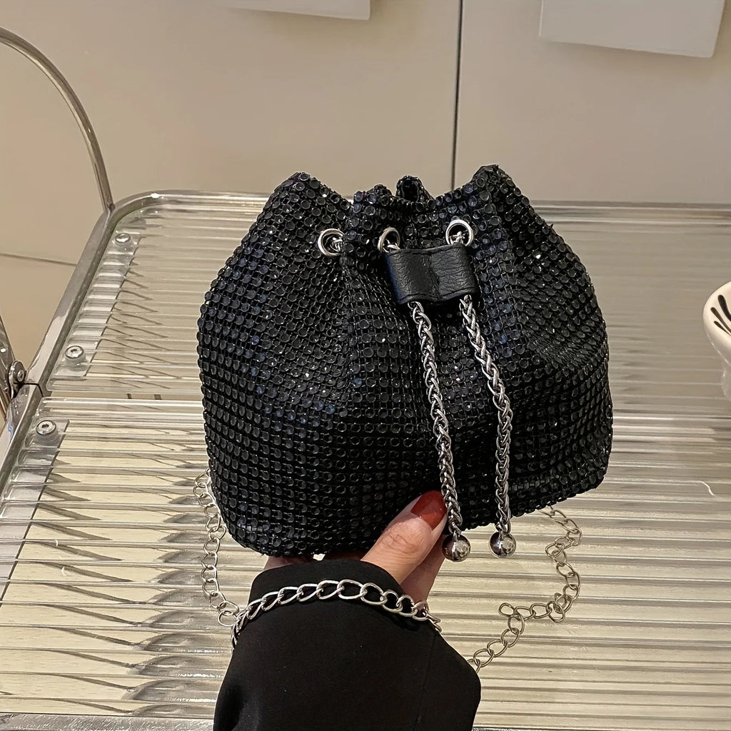 Sac bandoulière seau pour femme, brillant, avec cordon de serrage, multi-fonctionnel, disponible en 5 couleurs : vert, doré, argenté, noi