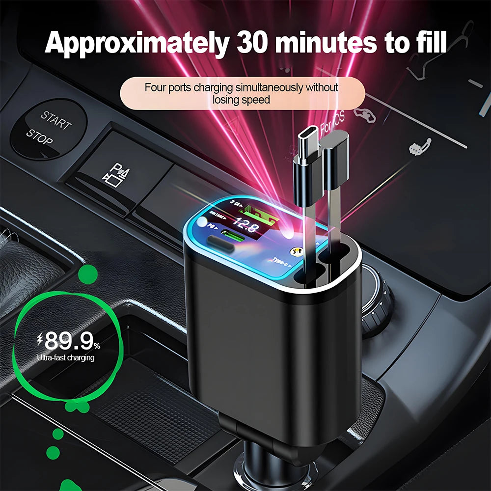 شاحن سيارة قابل للسحب من KEBIDUMEI M4 كابل شحن سريع 5 في 1 مع منفذ USB PD ضوء نجمي محول طاقة من النوع C شواحن هواتف