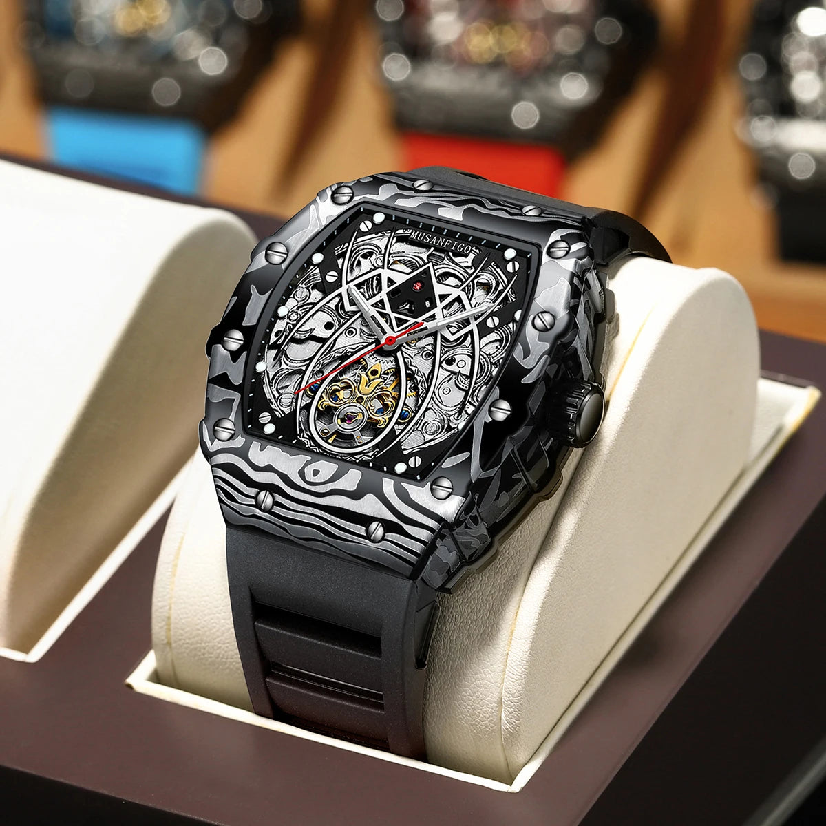 Montre mécanique automatique squelette MUSANFIGO, montre tendance pour homme en forme de tonneau, étanche et lumineuse