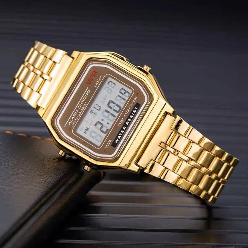 Montres de luxe en or et argent pour hommes et femmes, montres-bracelets numériques LED militaires, montres électroniques rétro F91W avec bracelet en acier