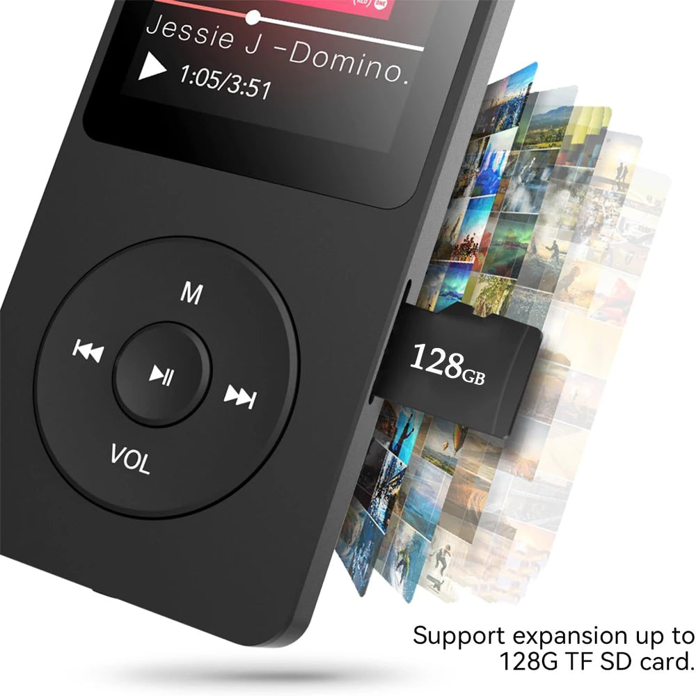 Lecteur MP3 Bluetooth 5.0 Lecteur de Musique Portable Écran 1,8 pouces Haut-parleur Intégré Lecteur de Musique Stéréo Support Radio FM Enregistrement E-Book