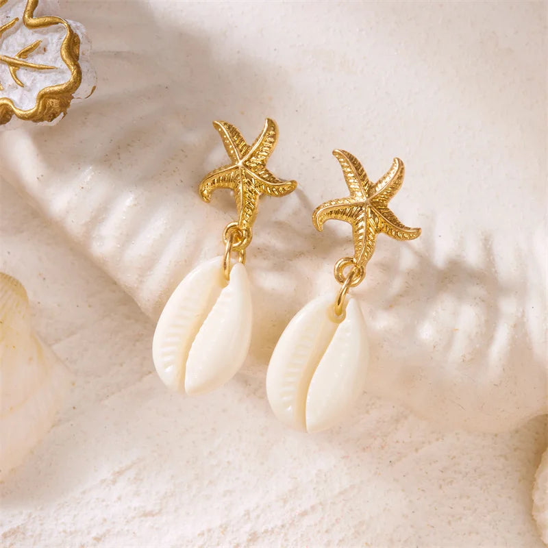Boucles d'oreilles pendantes étoile de mer coquillage style Bohème Océan pour femmes, Conque de bord de mer, boucles d'oreilles perle, Bijoux de charme pour fête à la plage
