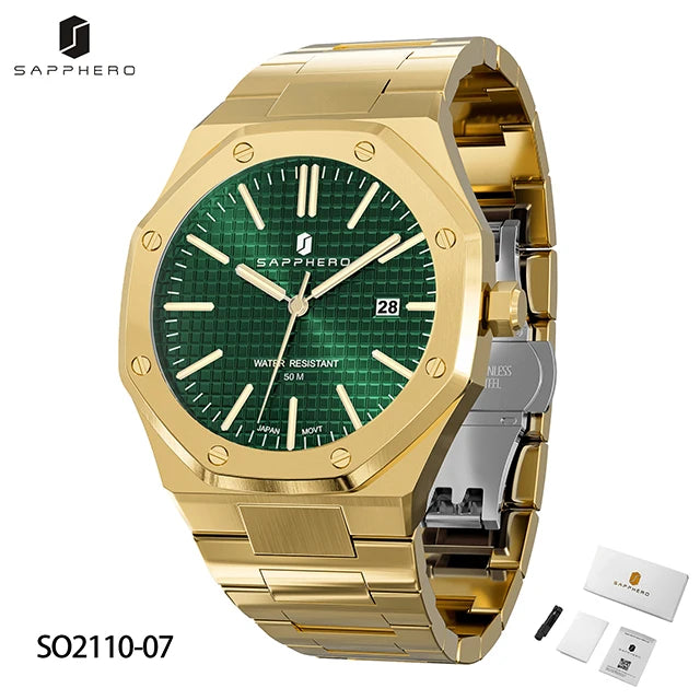 Montre SAPPHERO pour hommes, bracelet en acier inoxydable, design résistant à l'eau, calendrier automatique, cadeaux de fête, horloge de boîte-cadeau exquise