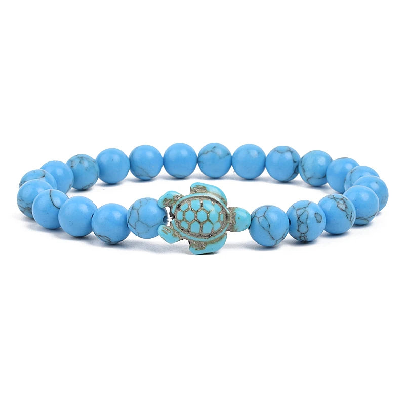 Bracelet perles tortues de mer 8 mm Turquoise Pierre Naturelle Élastique Extensible Femmes Hommes Amitié Bijoux d'Été Plage Cadeaux