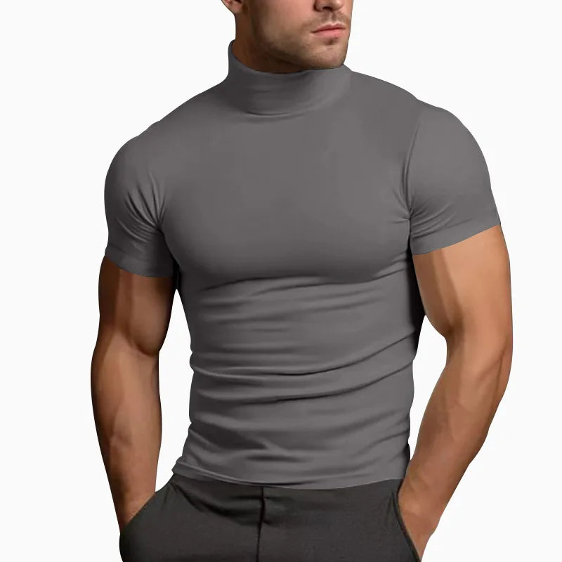 T-shirt à col roulé serré pour homme, couleur unie, mode, manches courtes, été 2024, Amazon transfrontalier