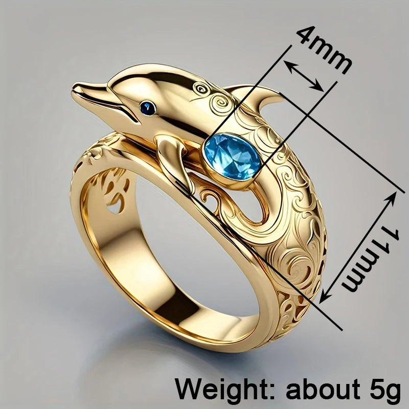 Bagues pour femmes Huitan au design chic de dauphin Bagues animales océaniques avec zircon cubique bleu Cadeaux Bijoux de mode à porter au quotidien
