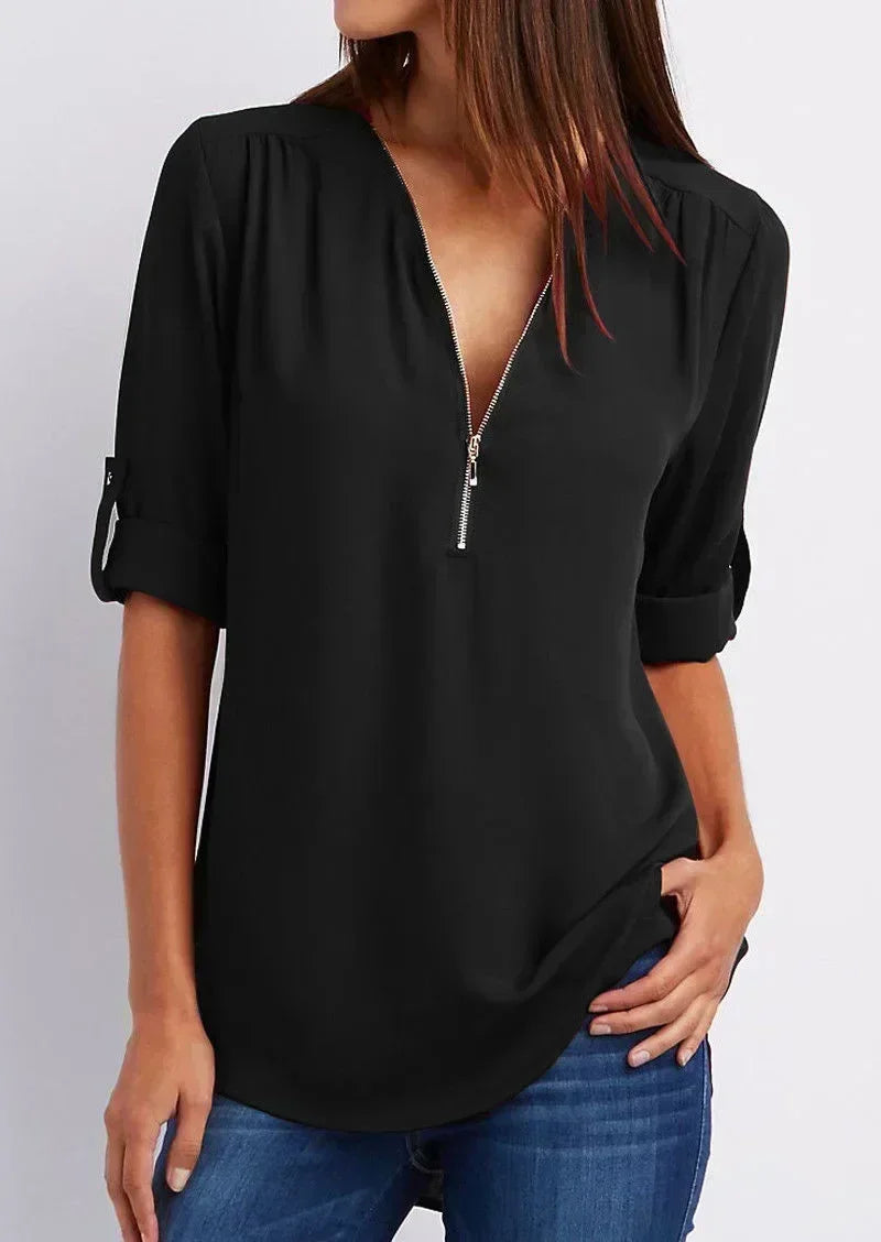 Chemise ample d'été pour femmes Col en V profond Blouse en mousseline Décontracté Tops pour femmes Sexy Fermeture éclair Pull Grande taille Manches longues Tendance