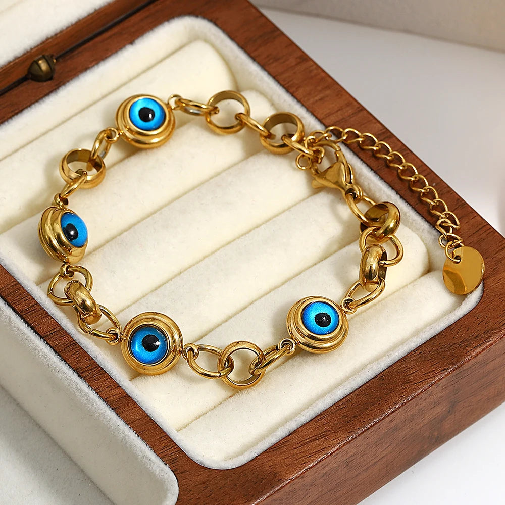 Greatera Lucky Turkish Evil Eye Beads Chain Stainless Steel Bracelets for Women Gold Plated Charm Waterproof Jewelry