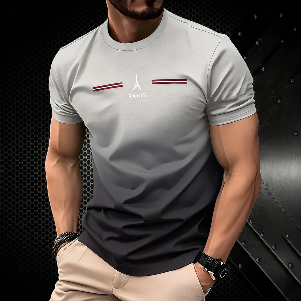 T-shirt homme d'été dégradé 3D simple avec impression Paris, vêtement décontracté, coupe oversize, col rond, manches courtes, pour le sport
