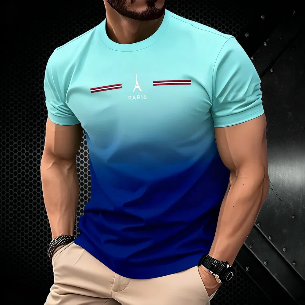 T-shirt homme d'été dégradé 3D simple avec impression Paris, vêtement décontracté, coupe oversize, col rond, manches courtes, pour le sport
