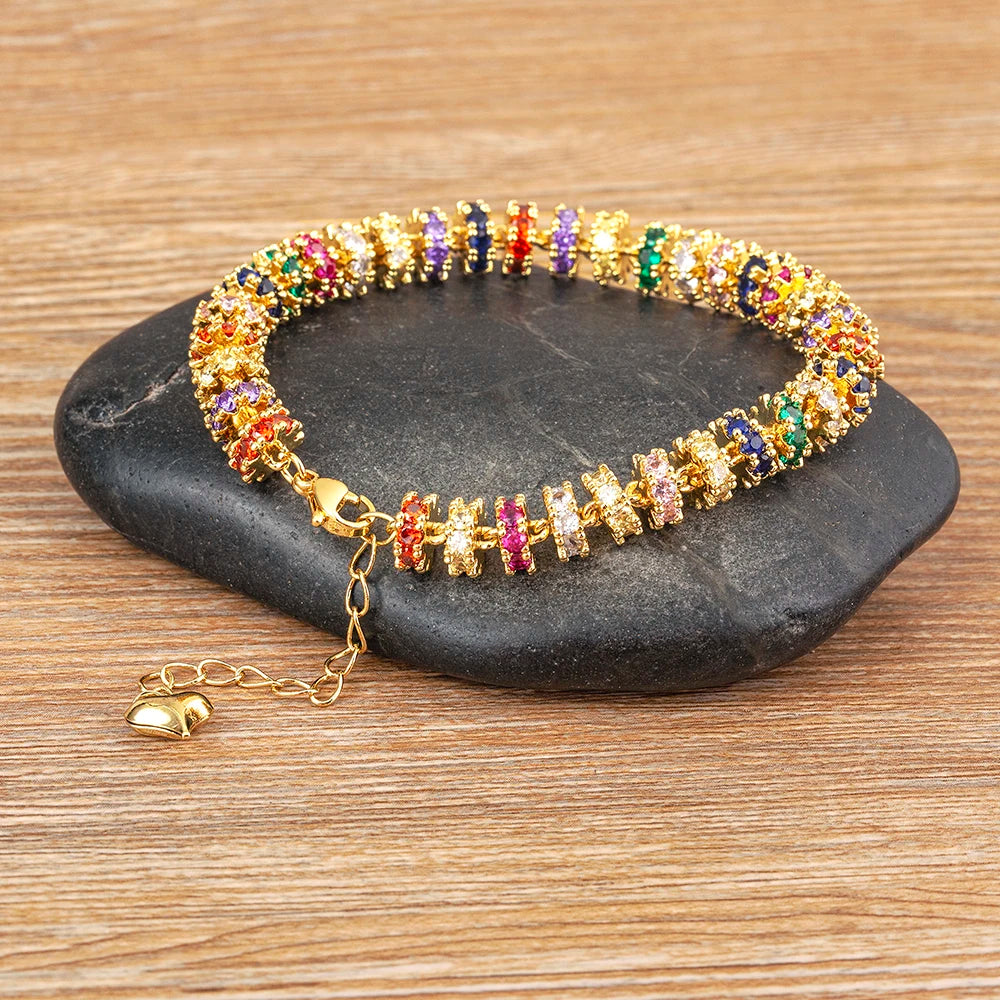 Nidin Bracelet Chaîne Plaqué Or avec Perles pour Femme, Breloques Cœur en Zircon Coloré, Bijoux de Fête de Mariage Cadeaux