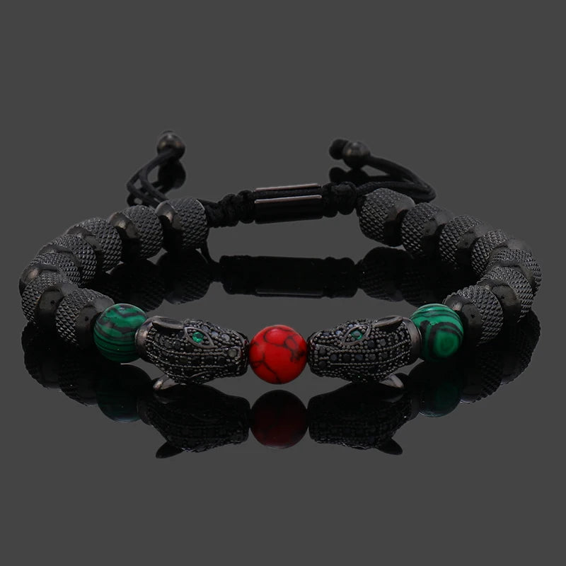 Bracelet Homme Perles en Acier Inoxydable Luxe Têtes de Léopard Royales Breloques Bijoux Cadeau Garçon