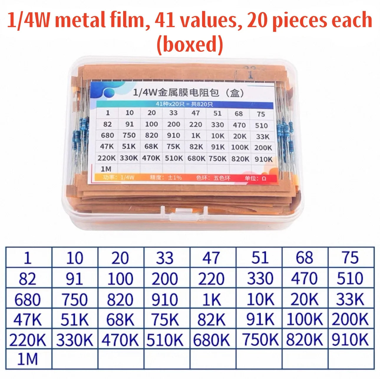 300 pcs/600 pcs/820 pcs Kit de résistances 1 % 1/4 W à film métallique, 10 Ohms ~ 1 M Ohms, 30 valeurs, Kit de composants électroniques
