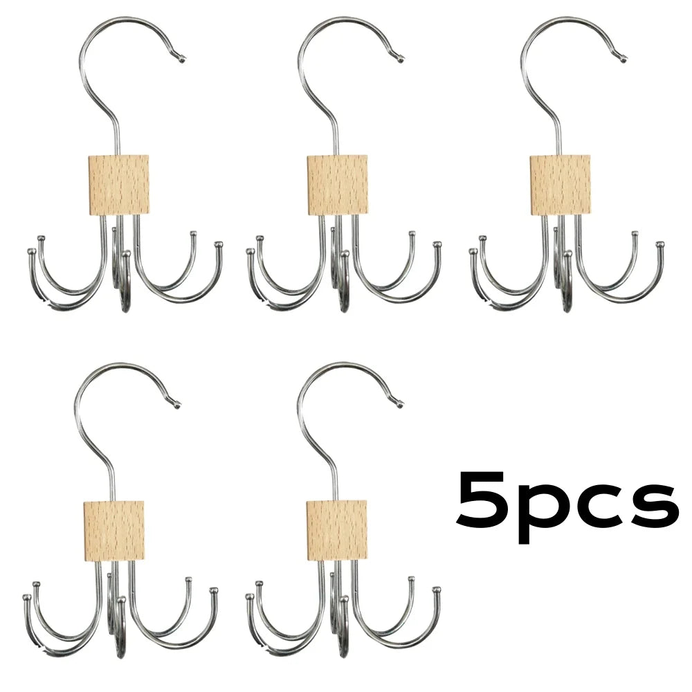 1/5 pièces Cintre de rangement rotatif à 360° Crochet multi-griffes Sac Ceintures métalliques Rack Organisateur en bois pour soutiens-gorge Cravates Accessoires de placard domestique