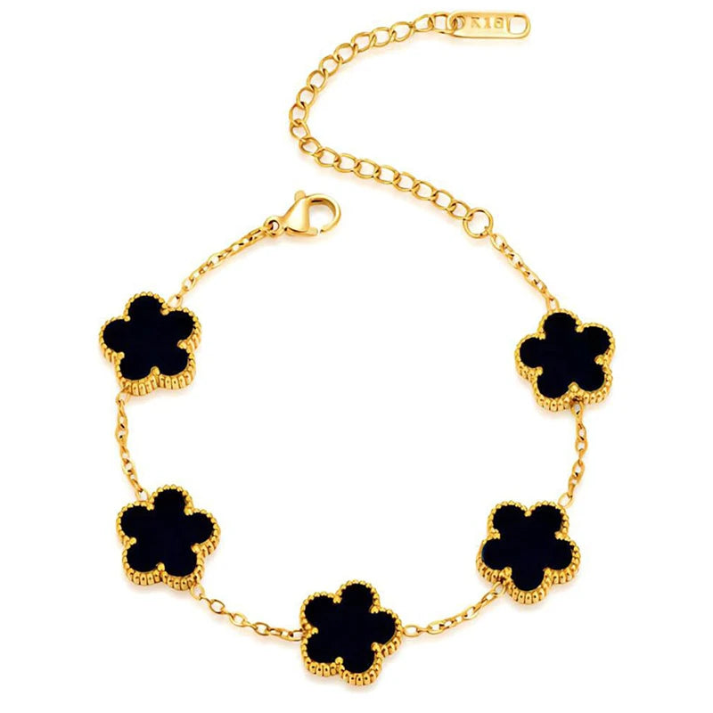 Collier en Acier Inoxydable Plaqué Or 14 Carats pour Femme, Pendentif Double Face Cinq Pétales de Fleur, Bijou Trèfle
