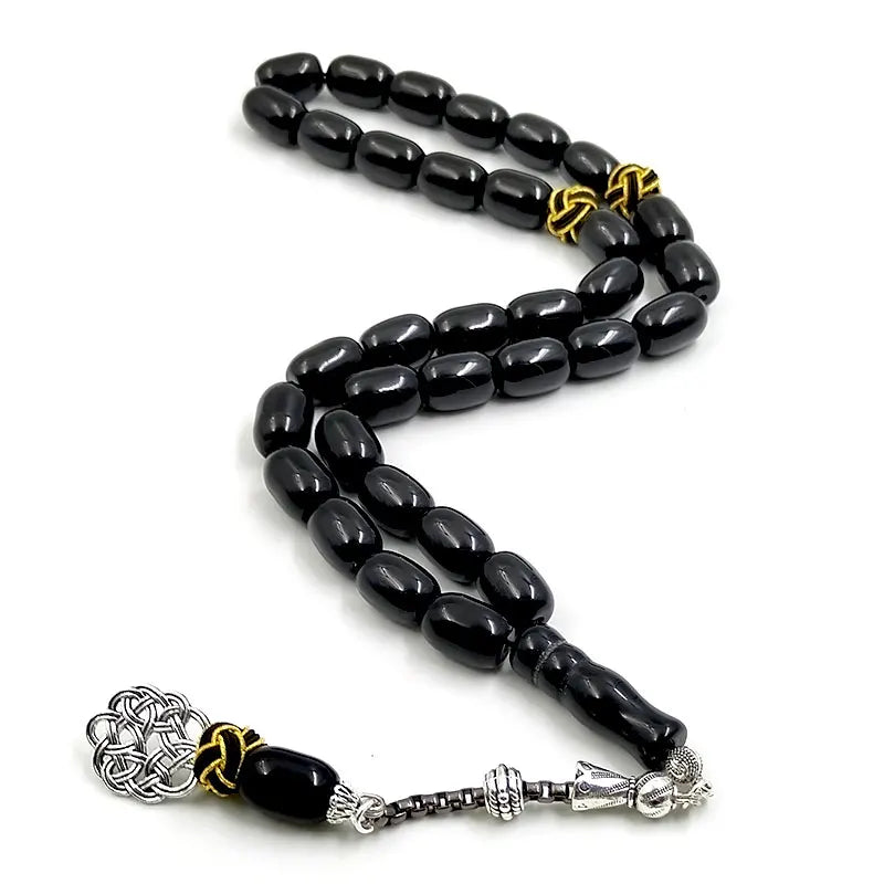 Tasbih natural black agate stone Barrel shape bracelet Handmade Trabizon misbaha Muslim ADHA gift turkish design prayer beads