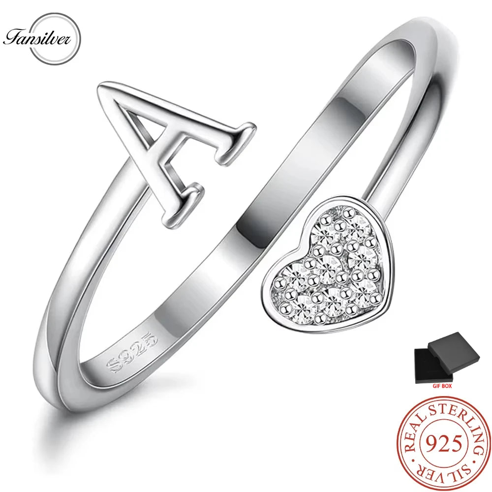 Fansilver Bagues initiales en argent sterling 925, bagues empilables réglables en forme de cœur, jolies bagues alphabétiques en forme de cœur, cadeau pour elle