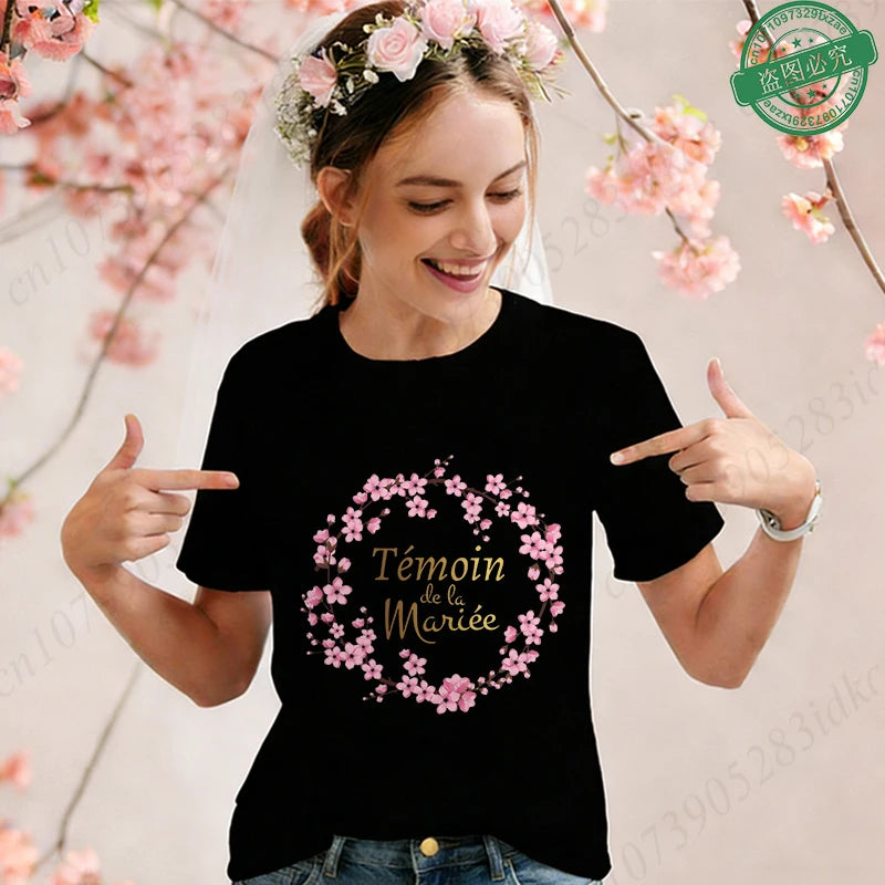 T-shirts assortis pour la future mariée et sa Team, T-shirts à manches courtes col rond imprimés fleurs de cerisier, pour enterrement de vie de jeune fille & EVJF