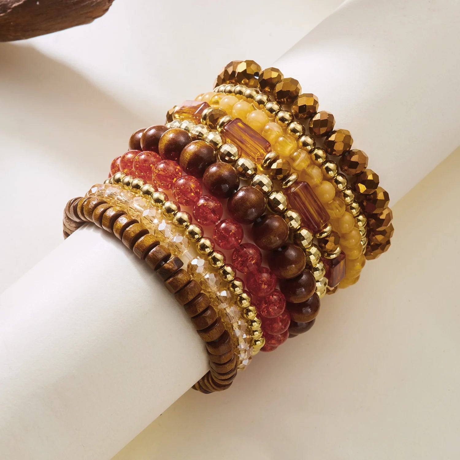 Lot de 10 Bracelets Bohèmes Chic en Bois et Perles Mixées pour Femmes, Bracelets Exquis en Gravier de Cristal, Cadeaux de Bijoux d'Amitié