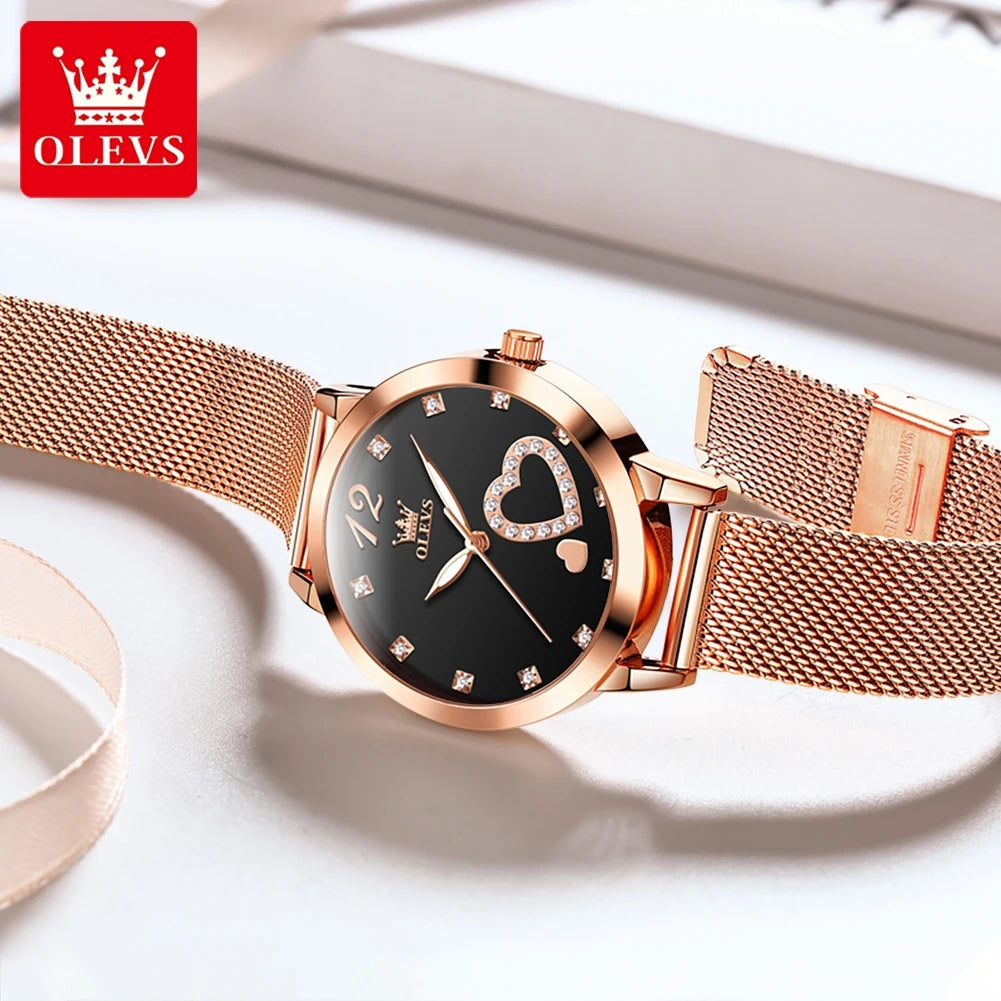 ساعة يد كوارتز نسائية OLEVS 5189، ساعة عصرية غير رسمية للسيدات مقاومة للماء مضيئة بحزام شبكي ومينا مزين بالزركون على شكل قلب