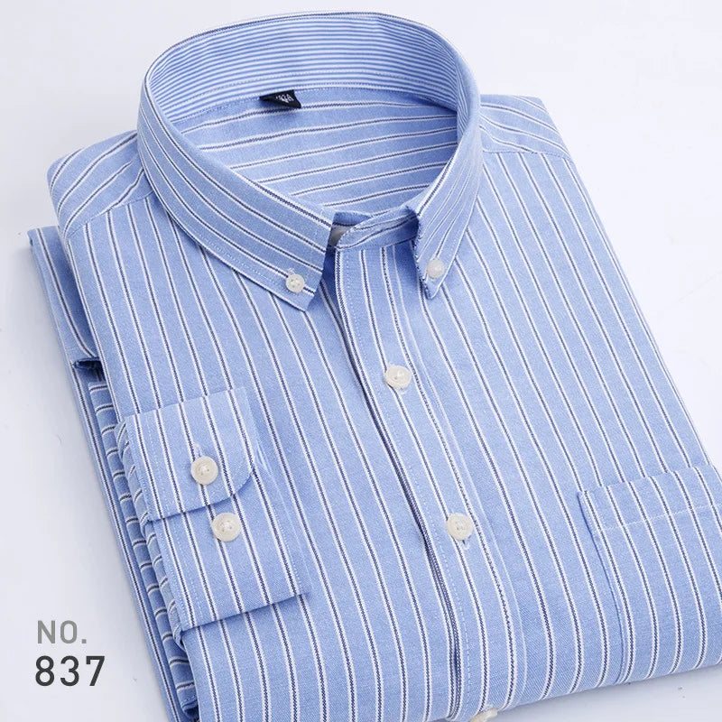 Chemise décontractée à manches longues en oxford à rayures et carreaux pour homme, confortable, respirante, à col boutonné, coupe ajustée, pour affaires