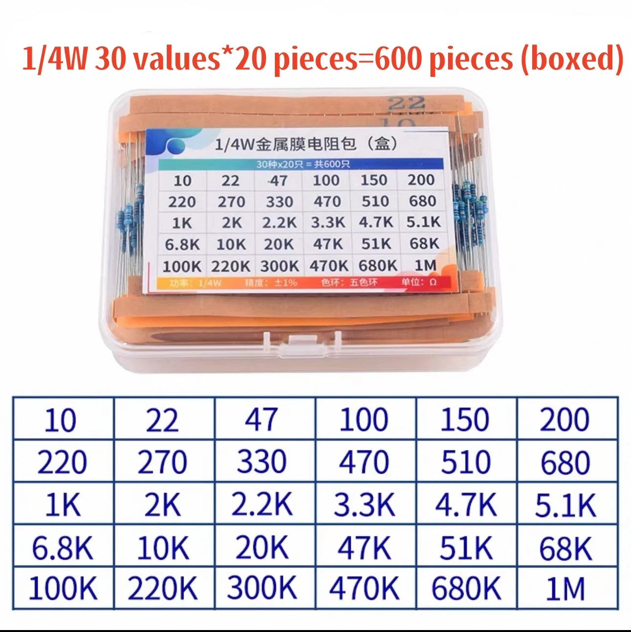 300 pcs/600 pcs/820 pcs Kit de résistances 1 % 1/4 W à film métallique, 10 Ohms ~ 1 M Ohms, 30 valeurs, Kit de composants électroniques