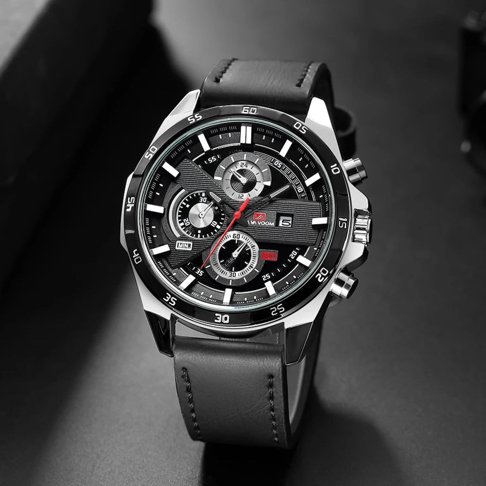 Montre Homme Sport Mode Série Racing 46mm Cuir Noir Horloge VA VA VOOM Mouvement Quartz Étanche 3 Bars Montre-bracelet pour Hommes