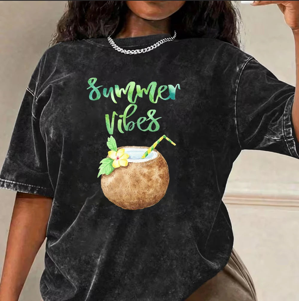 T-shirt Lavé Noir Vintage Pastèque Coco Ambiance Estivale Imprimé Boissons Tropicales Décontracté Surdimensionné en Coton Pour la Plage