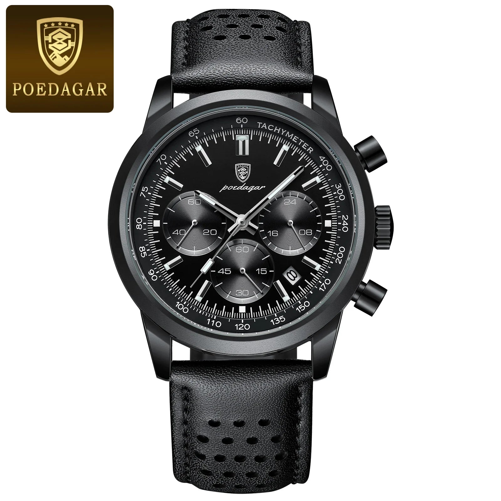 POEDAGAR Montre homme étanche avancée avec calendrier, veilleuse, chronomètre, montre homme en cuir de luxe et de mode