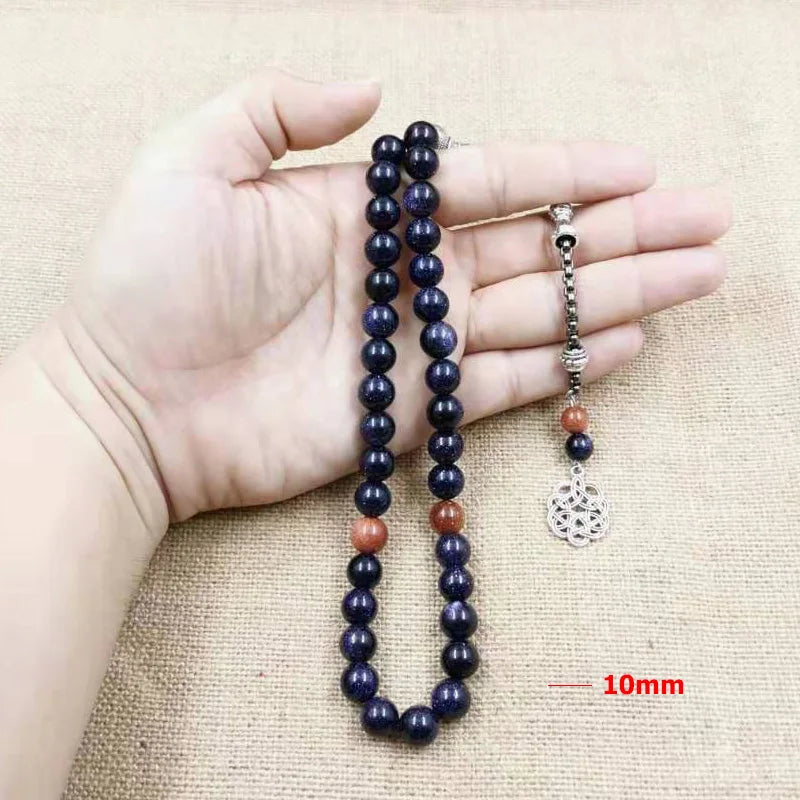Natural Blue SandStone tasbih with Gold sandstone Muslim man's gfit For Eid 33 45 99 Paryer beads Special New misbaha bracelet