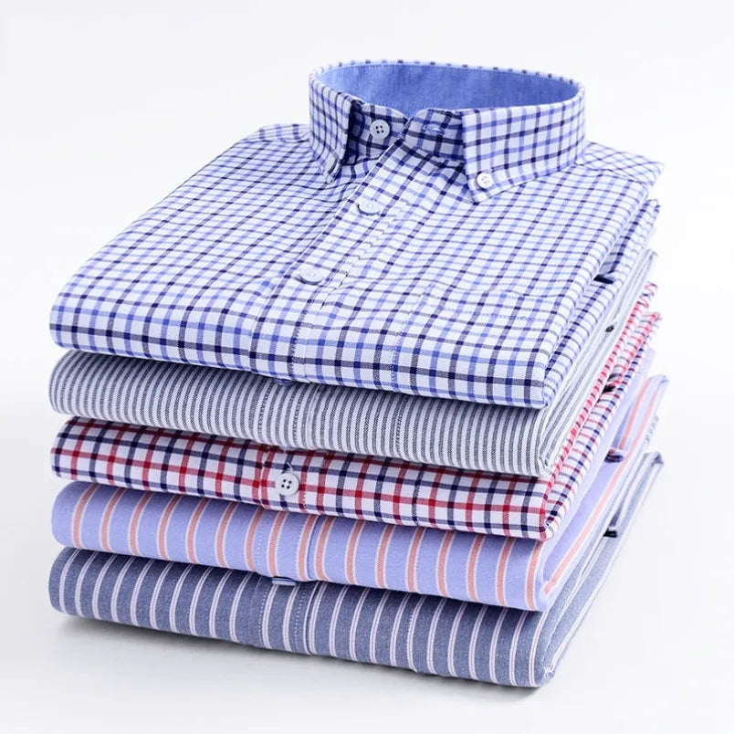 Chemise décontractée à manches longues en oxford à rayures et carreaux pour homme, confortable, respirante, à col boutonné, coupe ajustée, pour affaires