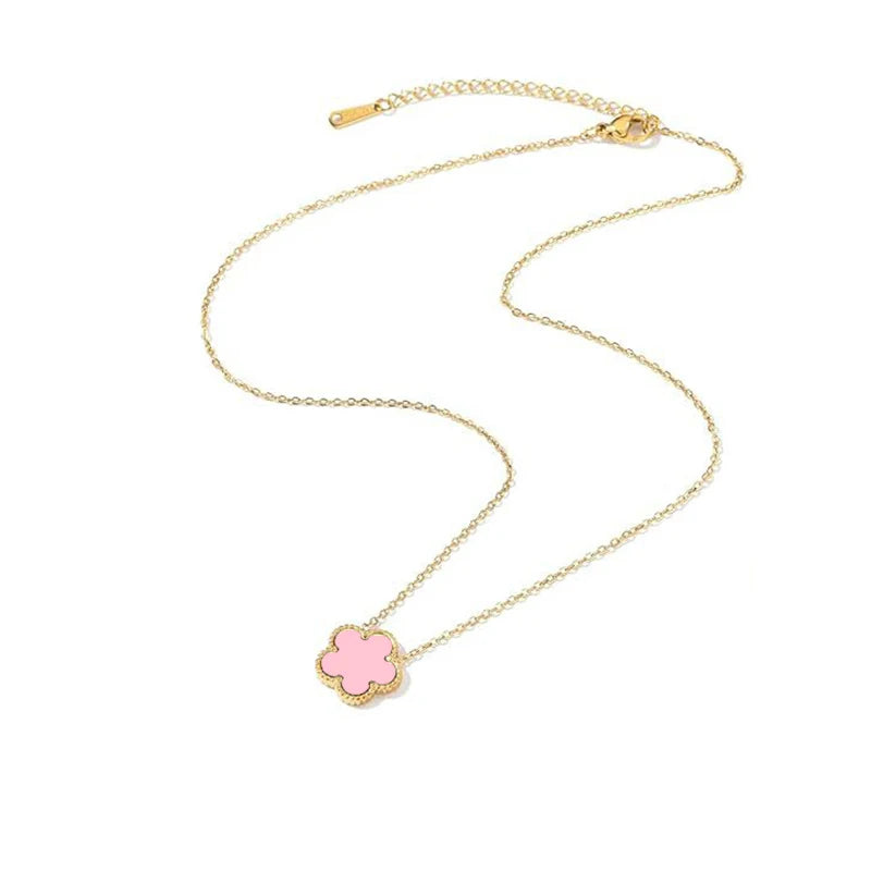 Collier en Acier Inoxydable Plaqué Or 14 Carats pour Femme, Pendentif Double Face Cinq Pétales de Fleur, Bijou Trèfle