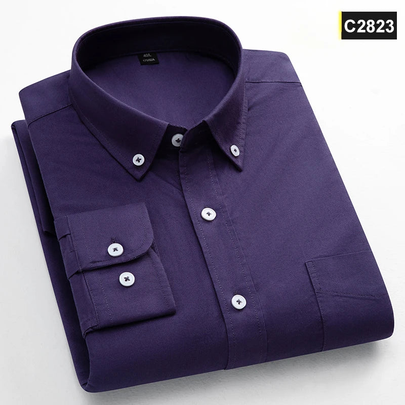 Chemise à manches longues 100 % coton pour homme, coupe classique, poche unique, coupe ajustée, haut décontracté, tissu Oxford doux, couleur unie, vêtements de bureau
