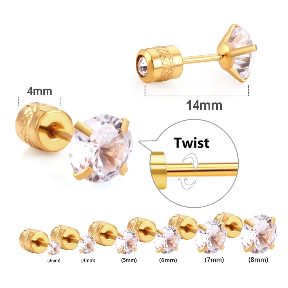 LUXUSTEEL 1 paire/2 pièces Boucles d'oreilles clous en acier inoxydable cristal pour femmes hommes 4 griffes Tragus rond clair Zircon cubique Bijoux d'oreille