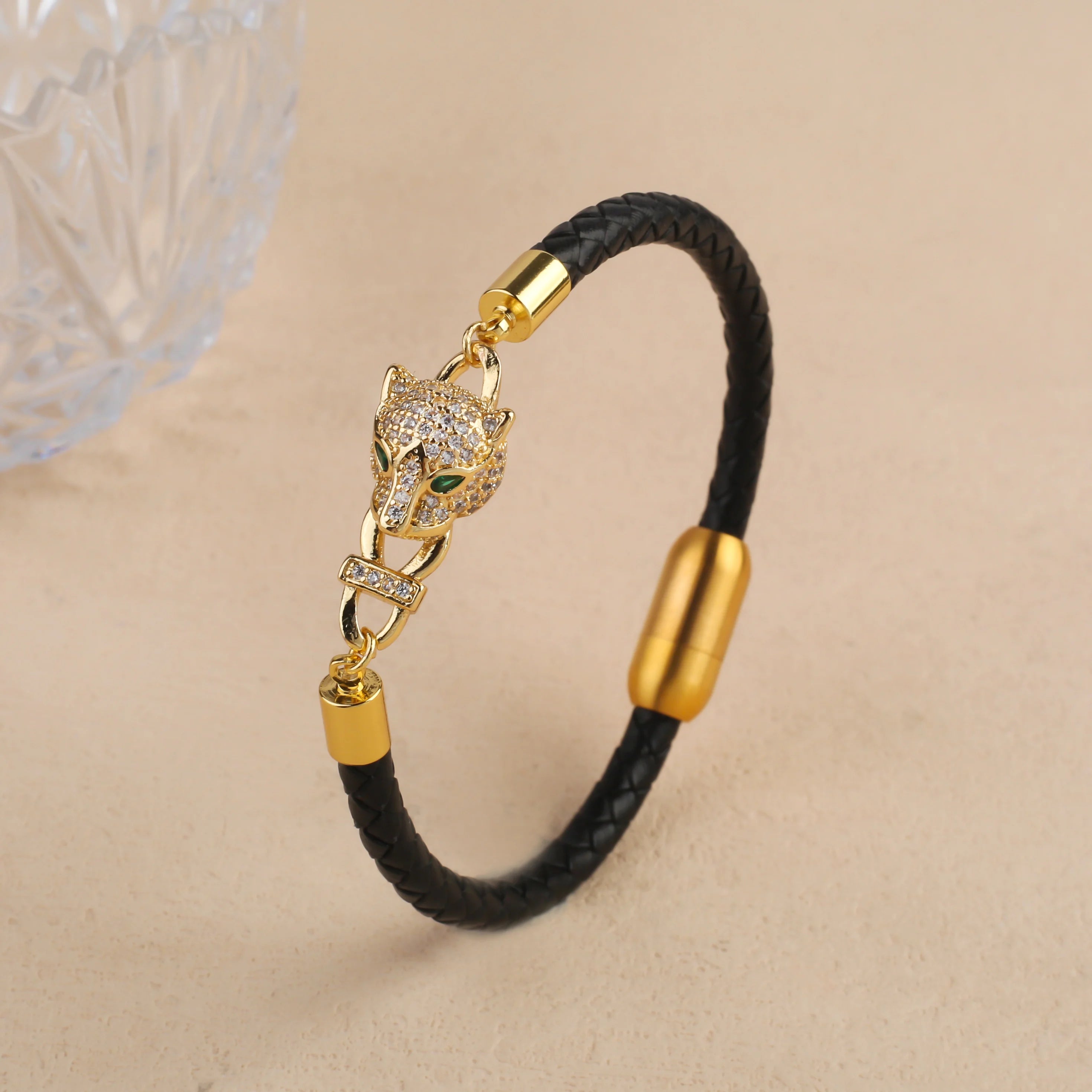Bracelet Cordon Cuir Tressé Tête de Léopard Style Animal Bully Mode Homme Femme Bijoux Acier Inoxydable Zirconia Quotidien
