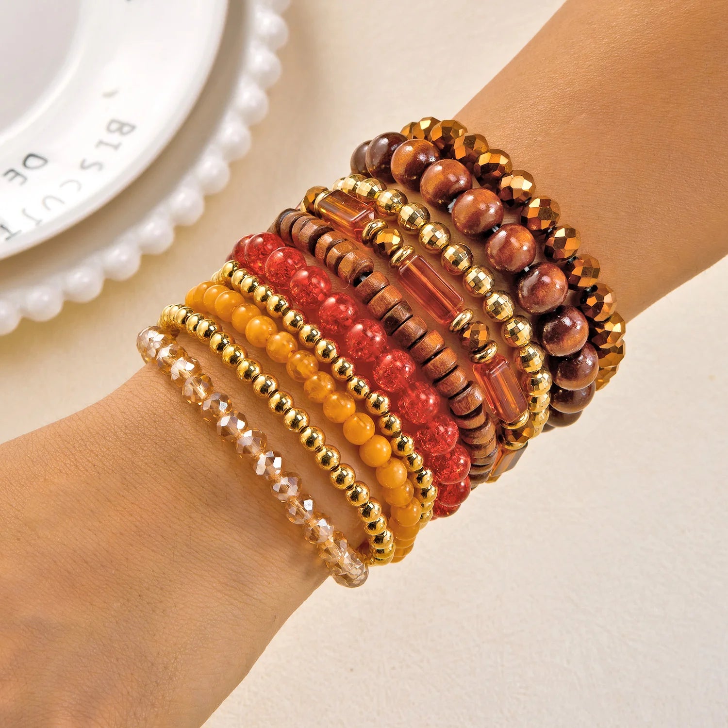 Lot de 10 Bracelets Bohèmes Chic en Bois et Perles Mixées pour Femmes, Bracelets Exquis en Gravier de Cristal, Cadeaux de Bijoux d'Amitié