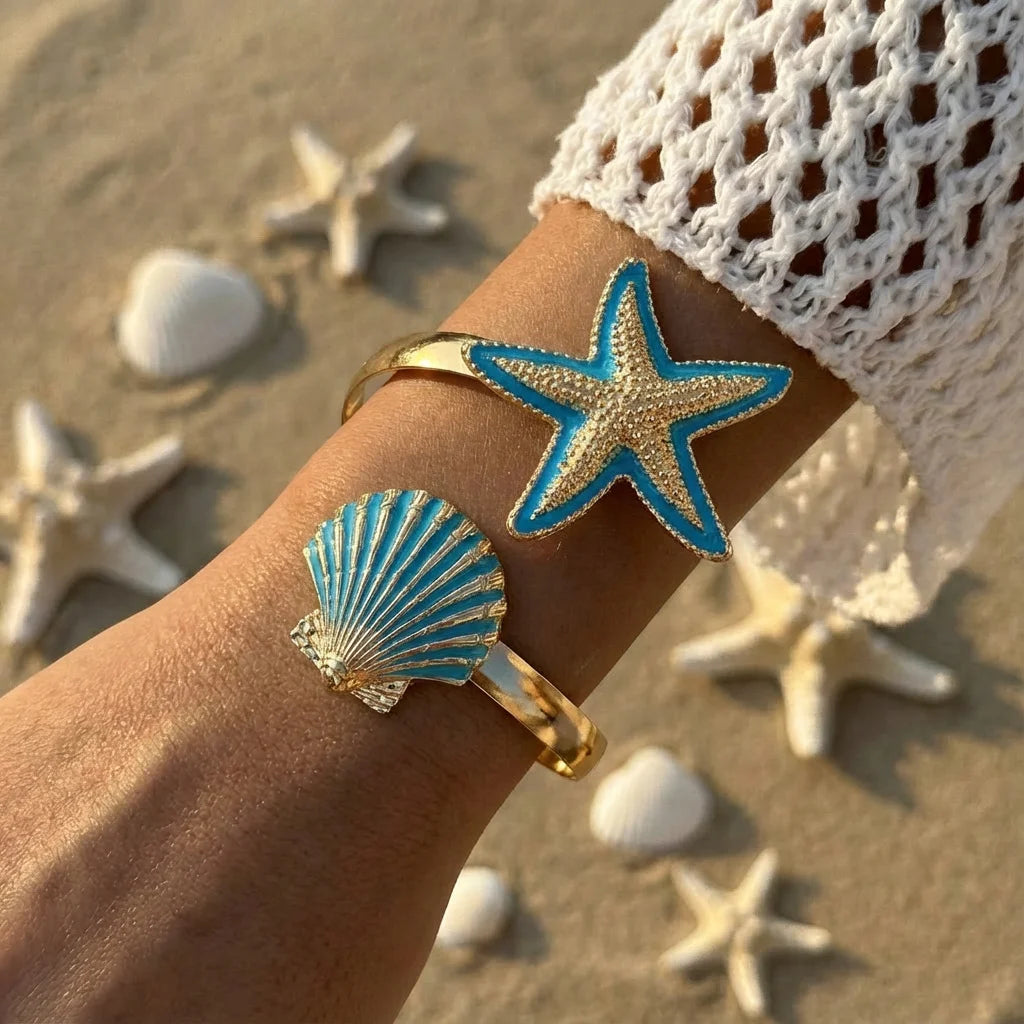 Bracelet manchette ouverte élégant avec fleur en émail pour femme, plaqué or, métal rose, blanc, bleu, motifs floraux, bijoux pour plage, fête, vacances