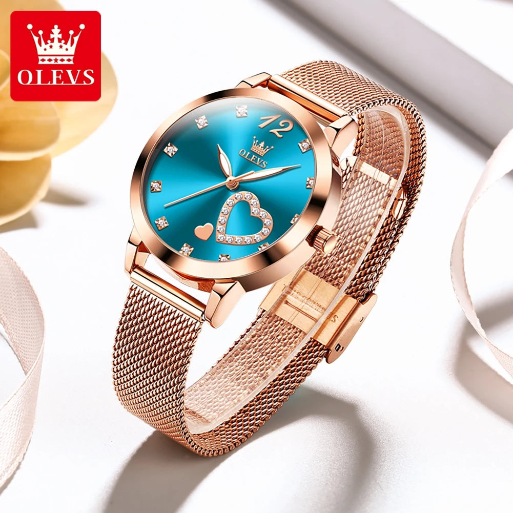 OLEVS 5189 Montre Femme Quartz Montre-Bracelet Décontractée Mode pour Femmes Étanche Lumineuse Maille Ceinture Cadran Amour Échelle Zircon