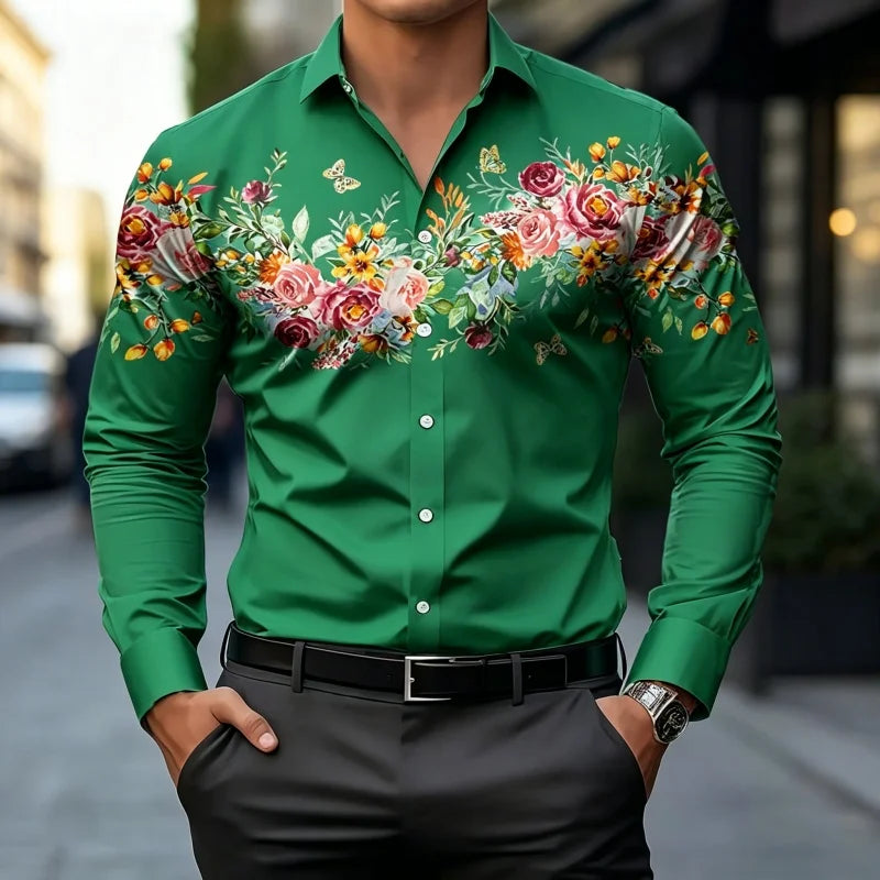 Chemises à motif floral papillon de jardin romantique européen pour hommes, coupe ajustée, manches longues, hauts de bureau formels