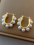 Gold-Tone U-Shape Hoop Earrings with Faux Pearl Cluster Design