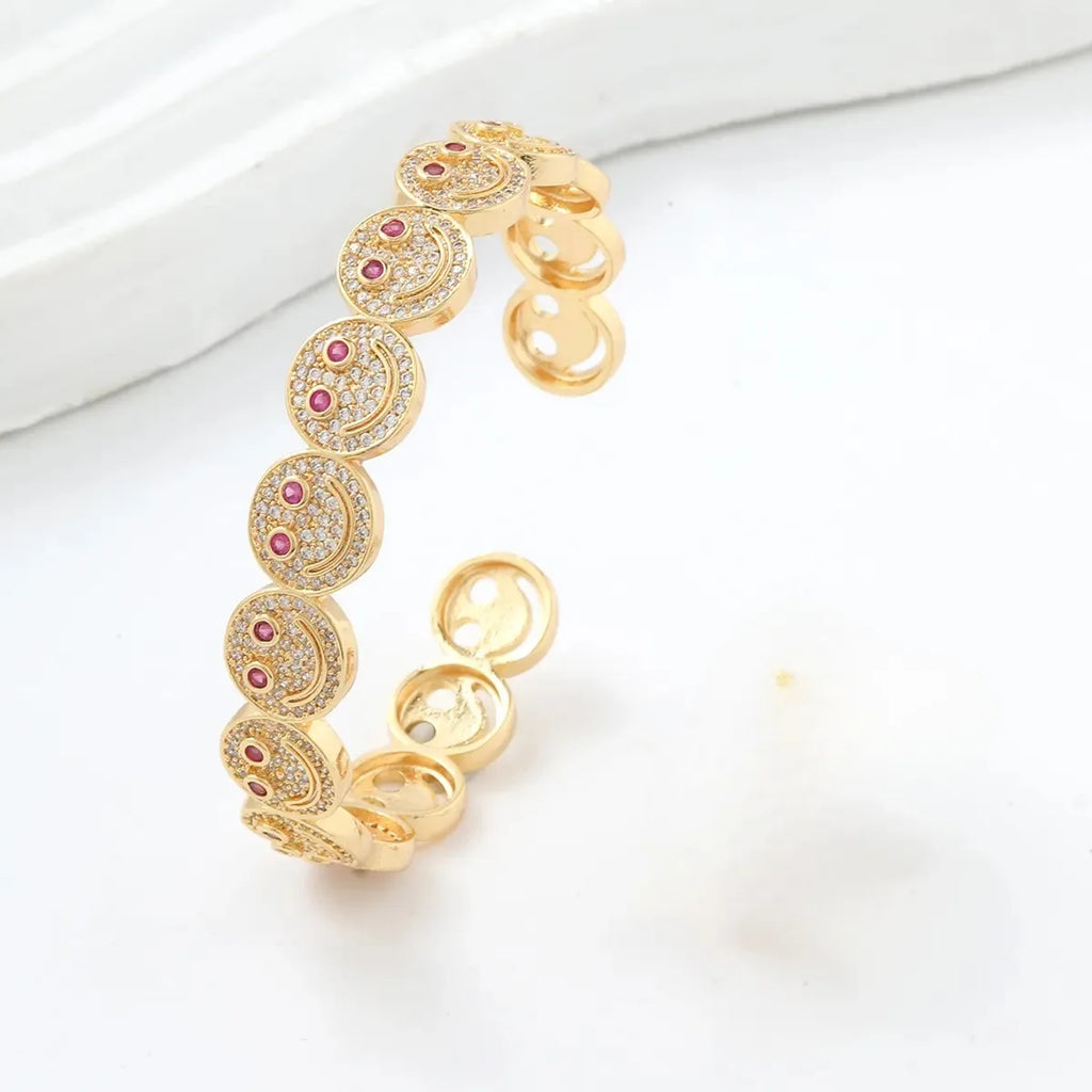 Bracelet manchette rond souriant en cuivre plaqué or avec zircone cubique 2025, nouveau, simple, pour femme, cadeau de fête classique