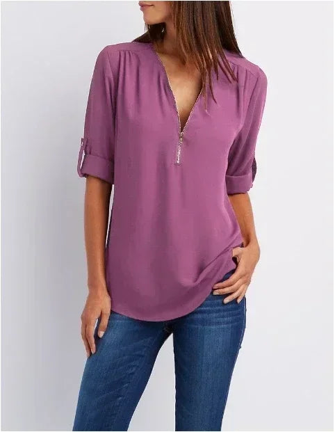 Chemise ample d'été pour femmes Col en V profond Blouse en mousseline Décontracté Tops pour femmes Sexy Fermeture éclair Pull Grande taille Manches longues Tendance