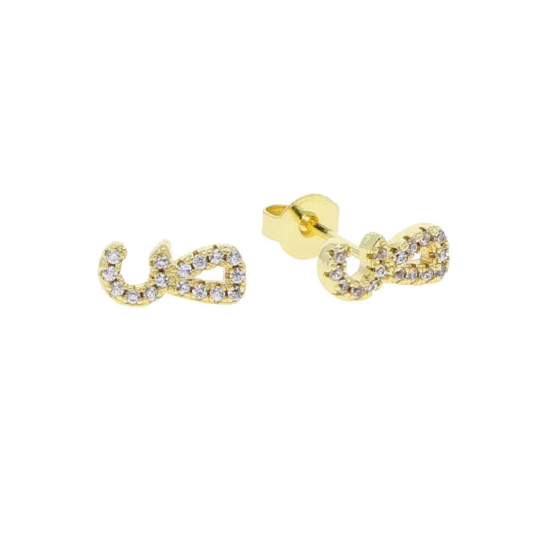 Boucles d'oreilles clous alphabet lettre arabe, micro-serties de zirconiums cubiques, couleur or, minimalistes et délicates, pour femmes et jeunes filles, vente en gros