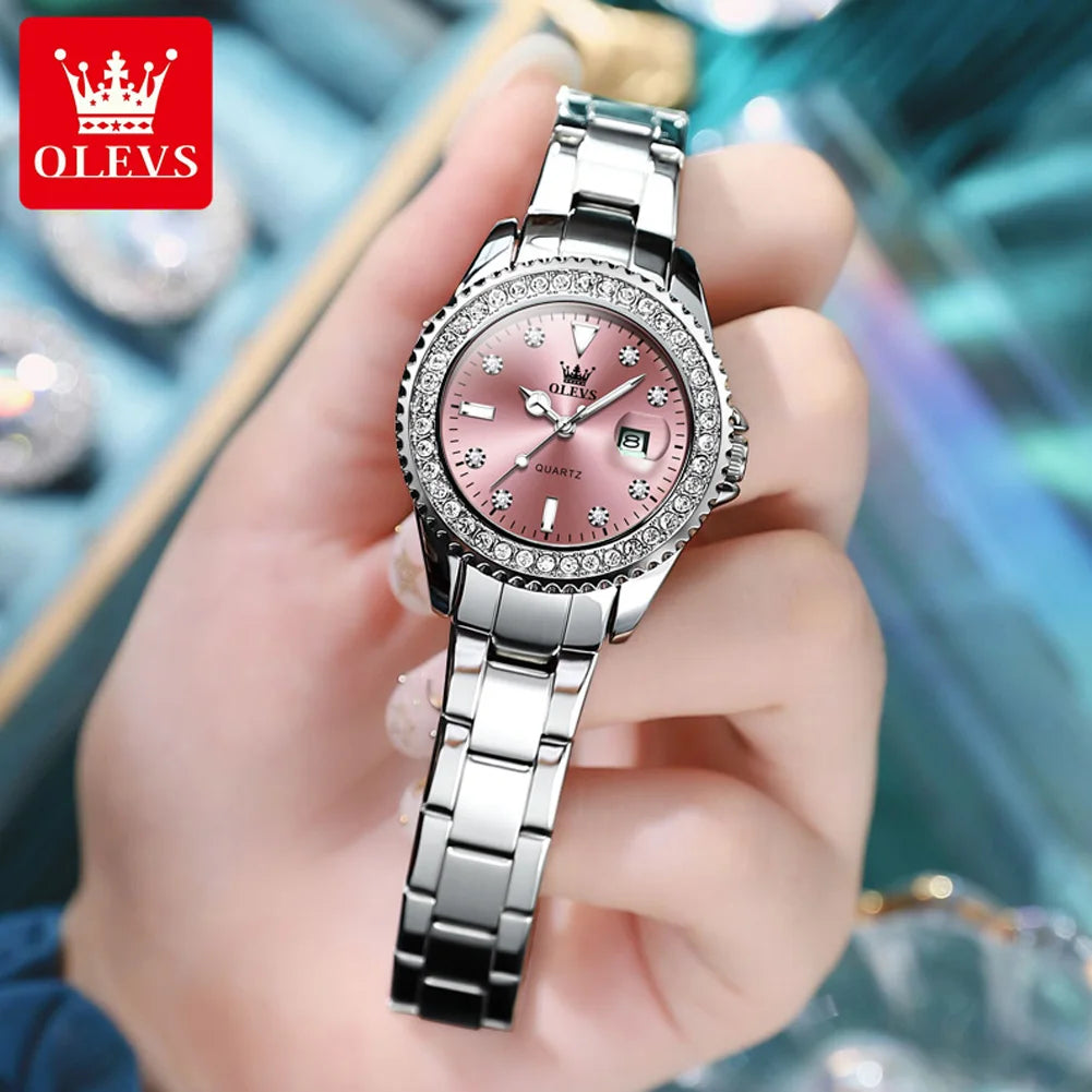 OLEVS 9945 Montre à quartz originale de marque supérieure pour femmes Montre-bracelet de luxe à calendrier à diamants en acier inoxydable pour femmes