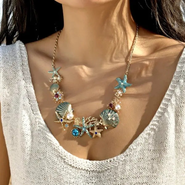 Boucles d'oreilles clous en forme d'étoile de mer et coquillage en métal pour femmes, élégantes, avec strass bleus et perles d'imitation, bijoux doux pour jeunes filles