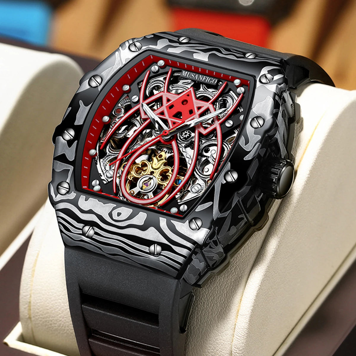 Montre mécanique automatique squelette MUSANFIGO, montre tendance pour homme en forme de tonneau, étanche et lumineuse