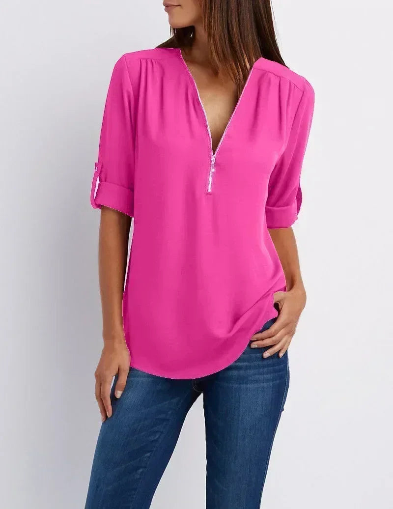 Chemise ample d'été pour femmes Col en V profond Blouse en mousseline Décontracté Tops pour femmes Sexy Fermeture éclair Pull Grande taille Manches longues Tendance
